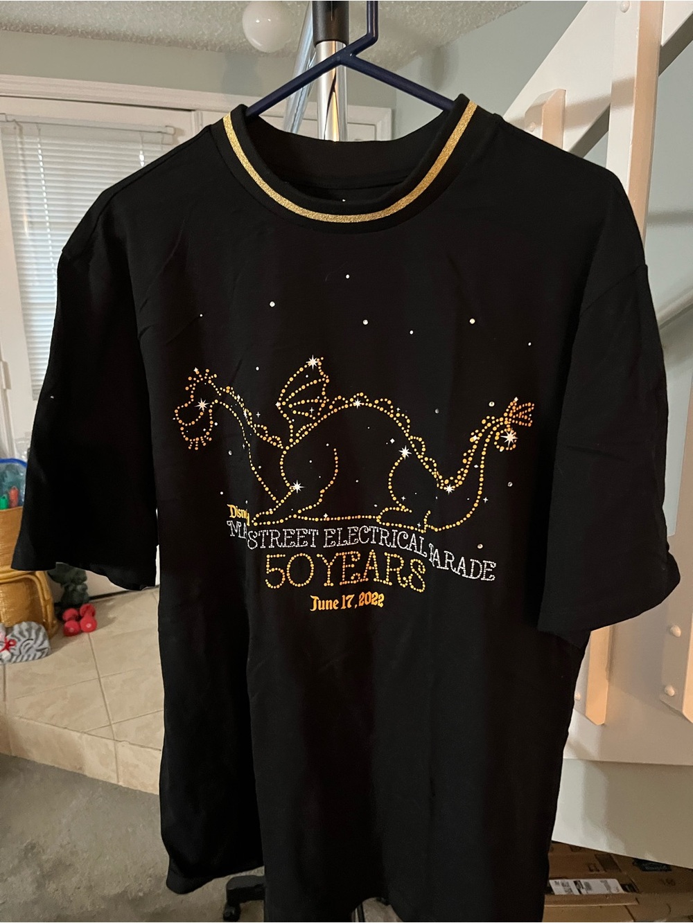 Disney Black Tee with Gold Rhinestone Dumbo Parade Design